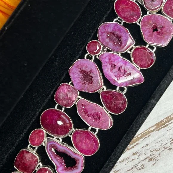 Solar Agate & Ruby Bracelet Handmade Stone Gemstone 925 Silver Large Ethnic New